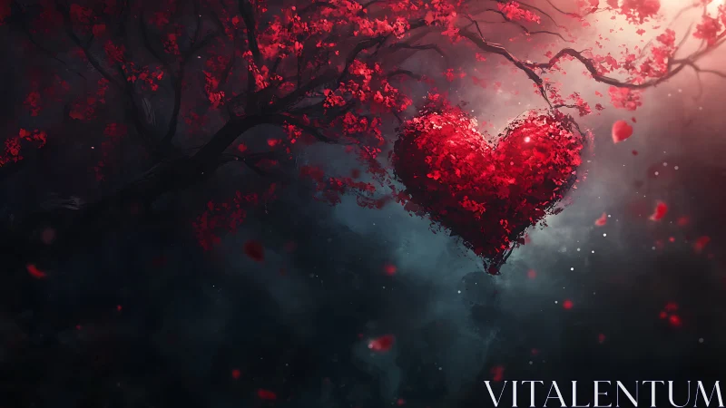 Luminous Heart Suspended in Crimson Blossoms.