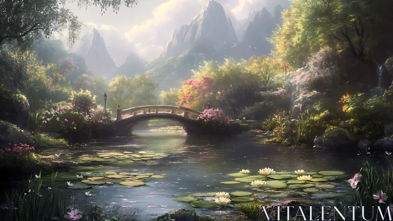 Sunlit lily pond and storybook bridge in a dreamlike valley.
