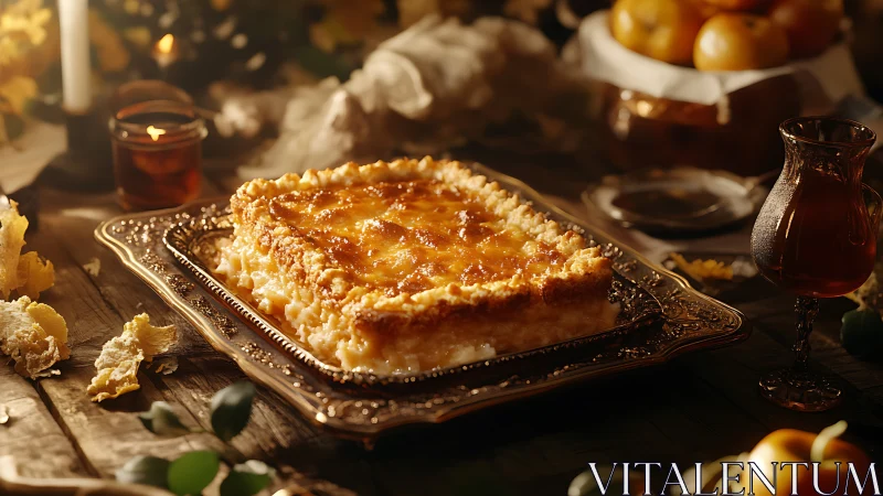 Golden citrus crumb cake on a candlelit rustic table.