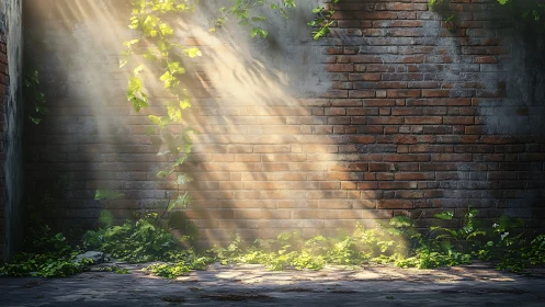 Sunbeams rehearse quiet miracles on a forgotten brick wall