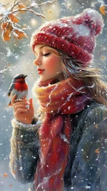 Young woman in red hat holding songbird in snowfall.