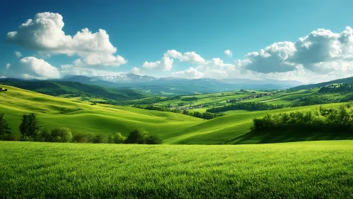 Luminous green hills under expansive cumulus sky panorama.