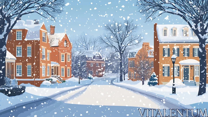 Snow-laden colonial streetscape under dense flake dispersion.