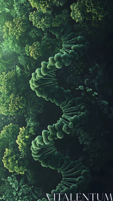 Bioluminescent DNA helix coils through dense emerald foliage.
