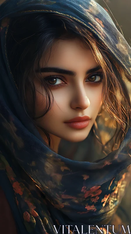 Photorealistic portrait under textile-filtered dusk illumination.