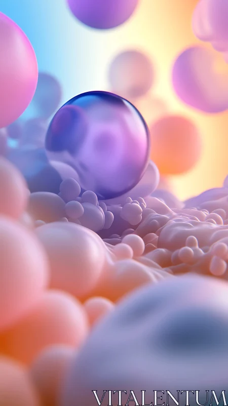 Dreamy soap spheres drift through pastel foam valleys