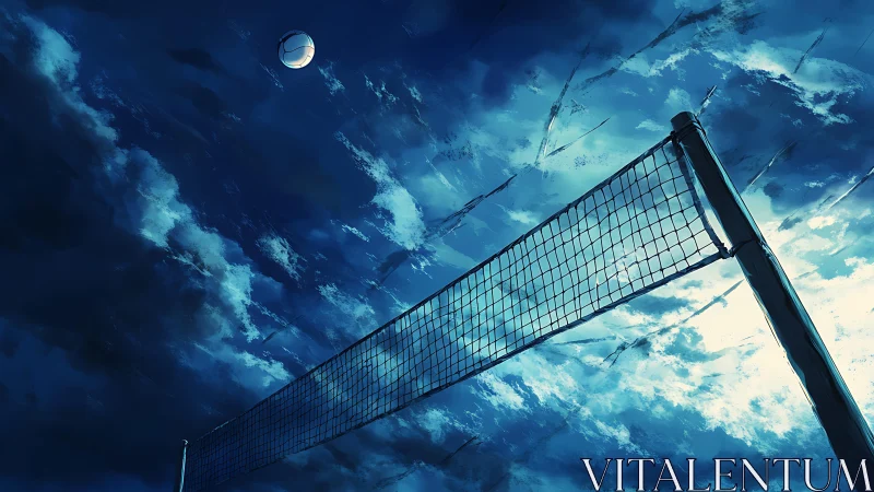 Volleyball net waits under a storm brightening evening sky.