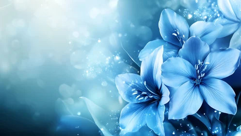Blue Lilies with Luminescent Particles Against Gradient Background