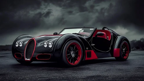 Black and red roadster sits on wet asphalt under dark clouds