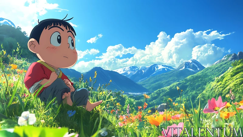 Anime child resting in alpine wildflower meadow under clear sky