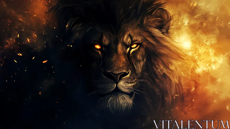 Fiery lion portrait merges embers with cosmic shadow