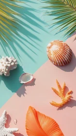 Seashells and coral rest on pastel beach backdrop