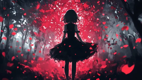 Girl in a glowing red forest of swirling petals at dusk.