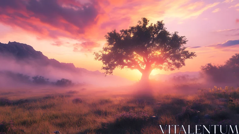 Solitary tree in misty grassland at low sun angle period.