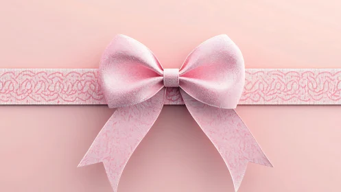 Pink Velvet Bow with Decorative Ribbon on Muted Background.