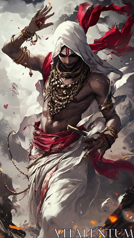 Storm-lit warrior in white robes strides through drifting fire