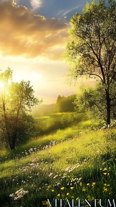 Sunlit meadow slope captures atmospheric backlit vegetation study