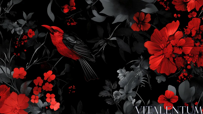 Scarlet songbird amid monochrome florals in high-contrast digital art