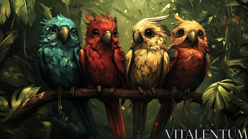 Four Colorful Cartoon Parrots Perched in Lush Jungle Setting.