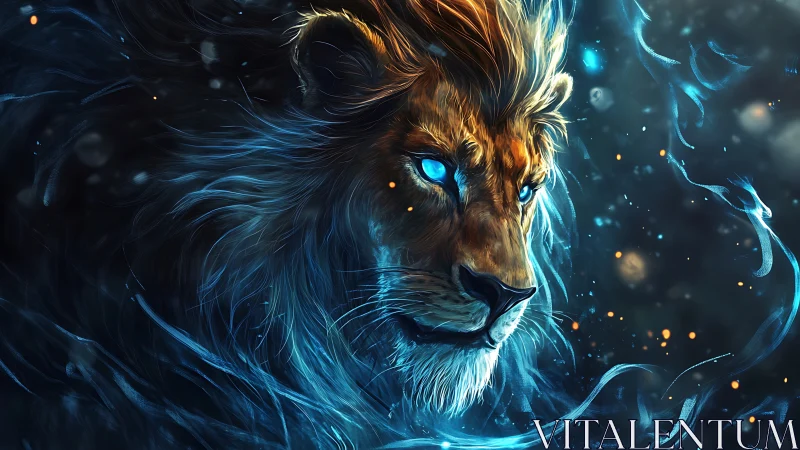 Mythic blue-eyed lion portrait in swirling glowing aura.