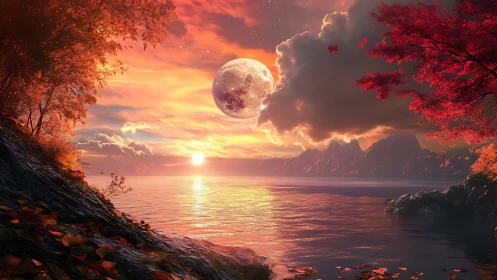 Fantasy digital seascape with autumnal lunar horizon glow.
