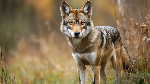 Wild coyote stands alert in soft autumn grassland light