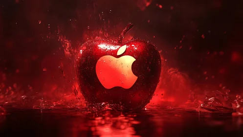 Glowing red apple logo merges with splashing liquid fruit