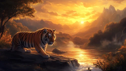 Tiger strides beside radiant river under molten sunset sky.