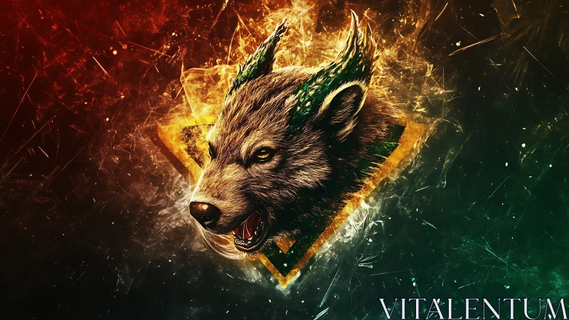 Hybrid wolf head emblem with energy effects on dark field.