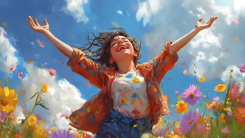 Figure with raised arms stands in vivid digital wildflower field