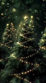 Glowing Christmas tree with star under soft golden lights.