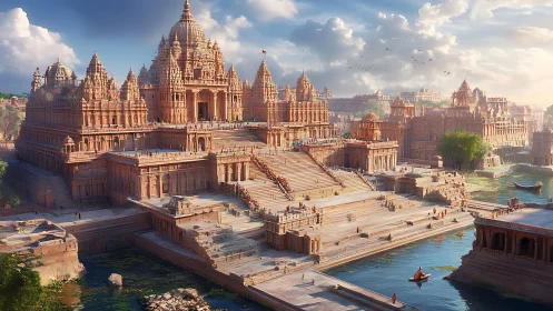 Sunlit riverside temple city with intricate stone terraces.