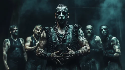 Metal band stands in smoky darkness with menacing stance