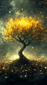 Digital painting of golden autumn tree in dynamic swirling light.