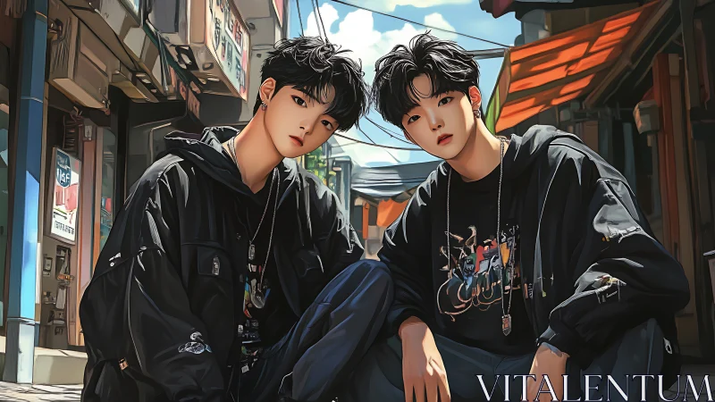 Urban street twins rendered in stylized anime streetwear portrait