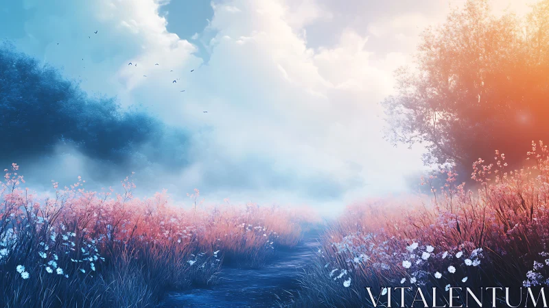 Twilight path between frost-blue blooms and ember meadows.