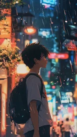 Rain-soaked teen in neon city alleyway at twilight.