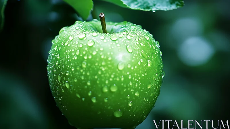 Macro study of dew-covered green apple in soft natural bokeh