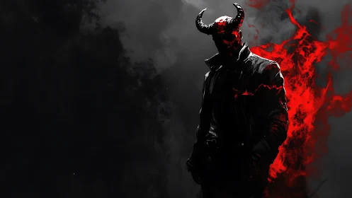 Horned demon silhouette in red infernal smoke, high contrast