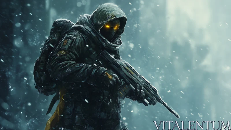 Armored figure with rifle stands in a snowy, low-visibility scene