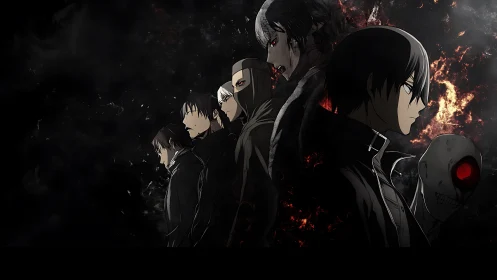 Dark anime ensemble aligned in profile with infernal backlighting