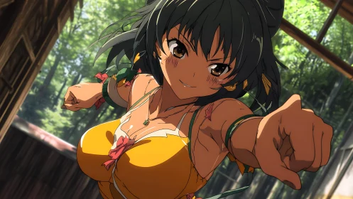 Dynamic anime fighter in foreshortened punch perspective.