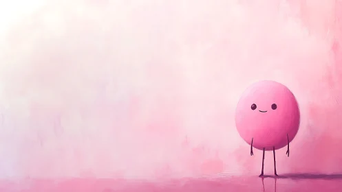 Smiling pink sphere character on soft pastel horizon.