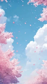 Cherry blossom canopy framing bright blue spring sky.