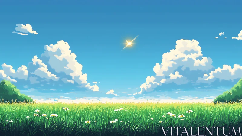 Sunlit meadow daydream under cotton castle clouds.