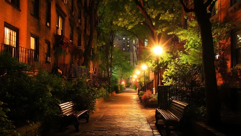 Brick apartment walkway illuminated by warm streetlights at night