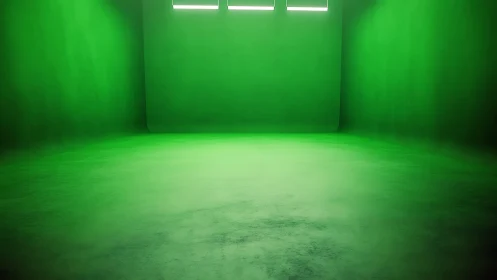 Minimalist green studio room with glowing upper windows.