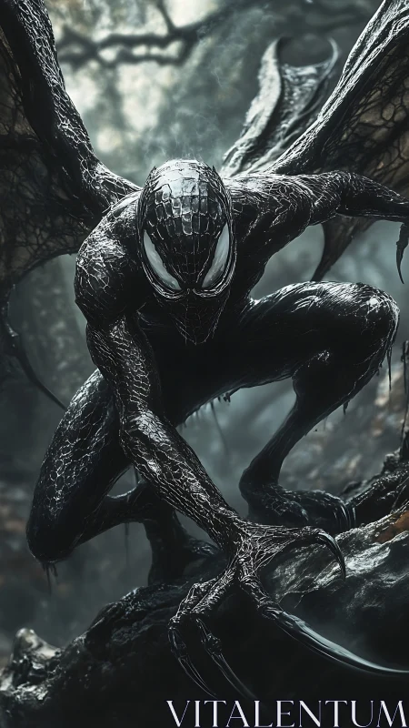 Shadowy alien creature crouches in a misty, haunted forest