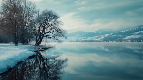 Calm winter lake shoreline with snowy trees and hills.