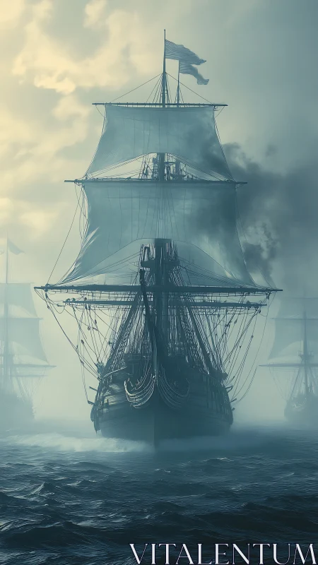 Tall ship emerging from misty seas under pale morning light.